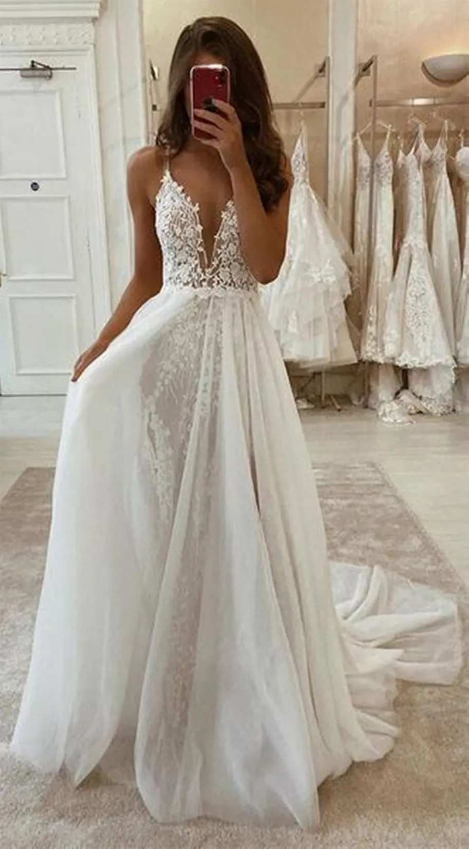 A Line V Neck Ivory Lace Long Prom Wedding Dress with High Slit, Ivory Lace Formal Dress, White Evening Dress