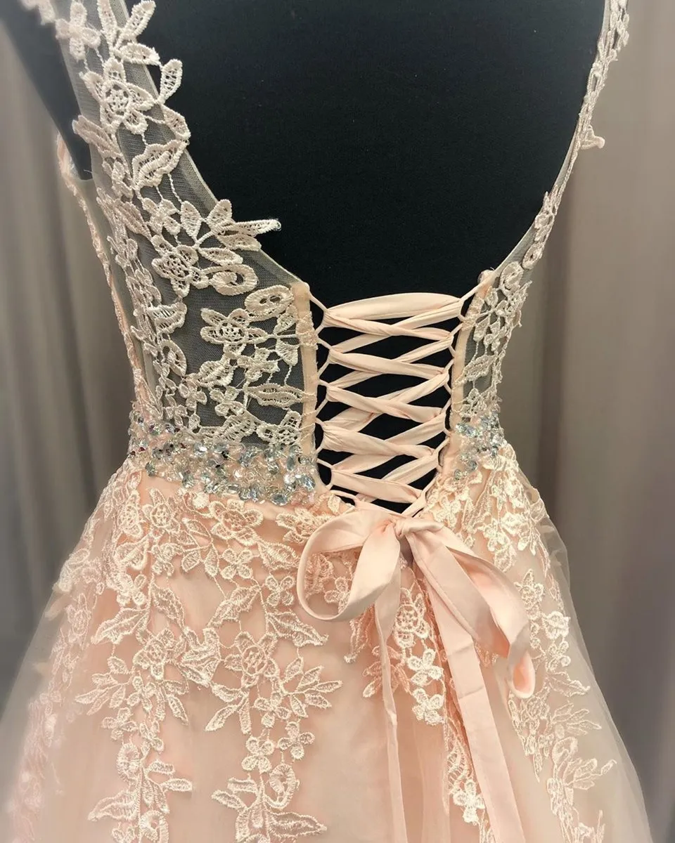 A Line V Neck Pink Lace Long Prom 2020 with Belt, Pink Lace Formal Graduation Evening