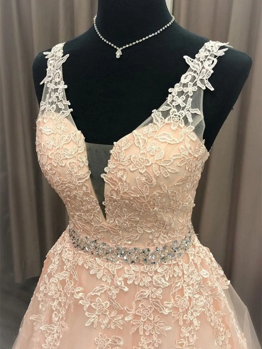 A Line V Neck Pink Lace Long Prom 2020 with Belt, Pink Lace Formal Graduation Evening