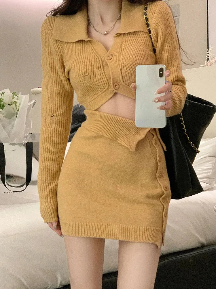 Aiertu BACK TO SCHOOL OUTFIT Knitted 2 Piece Dress Set Dress Women Autumn Casual Long Sleeve Korean Style Sweater Suit Office Lady Elegant Y2k Chic Sets
