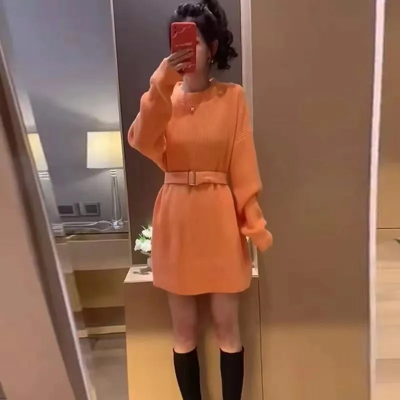 Aiertu black leggings outfit fall Lazy Style Waist-Tight Sweater Dress Autumn and Winter Pullover Bottoming Shirt Niche Temperament Coat Western Style Top