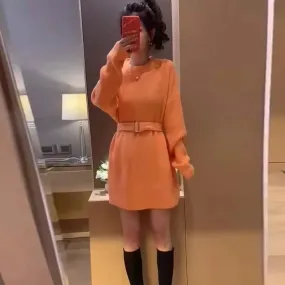 Aiertu black leggings outfit fall Lazy Style Waist-Tight Sweater Dress Autumn and Winter Pullover Bottoming Shirt Niche Temperament Coat Western Style Top
