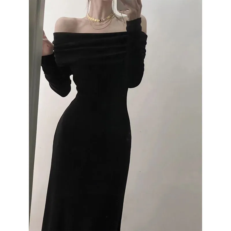 Aiertu long sweater dress outfit off-Shoulder Elegant Long Sleeve Dress Women's Autumn and Winter Fashion Slim Fit Slimming Inner French Dress Women