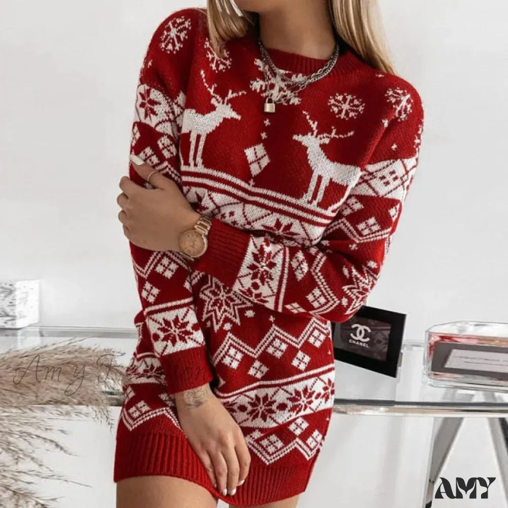 Amy Fashion - Casual O-Neck Long Sleeve Christmas Sweater Dress