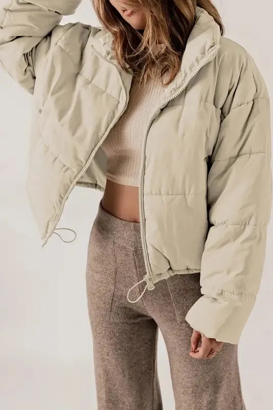 Apricot Puffer Coat - Zip Up Drawstring Hem