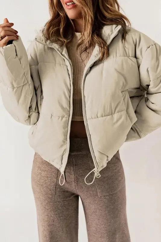 Apricot Puffer Coat - Zip Up Drawstring Hem