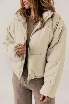 Apricot Puffer Coat - Zip Up Drawstring Hem
