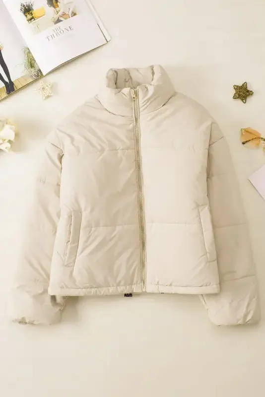 Apricot Puffer Coat - Zip Up Drawstring Hem
