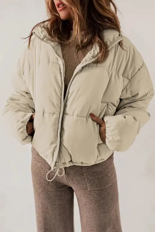 Apricot Puffer Coat - Zip Up Drawstring Hem