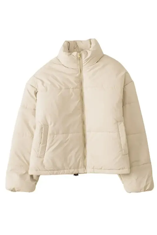 Apricot Puffer Coat - Zip Up Drawstring Hem
