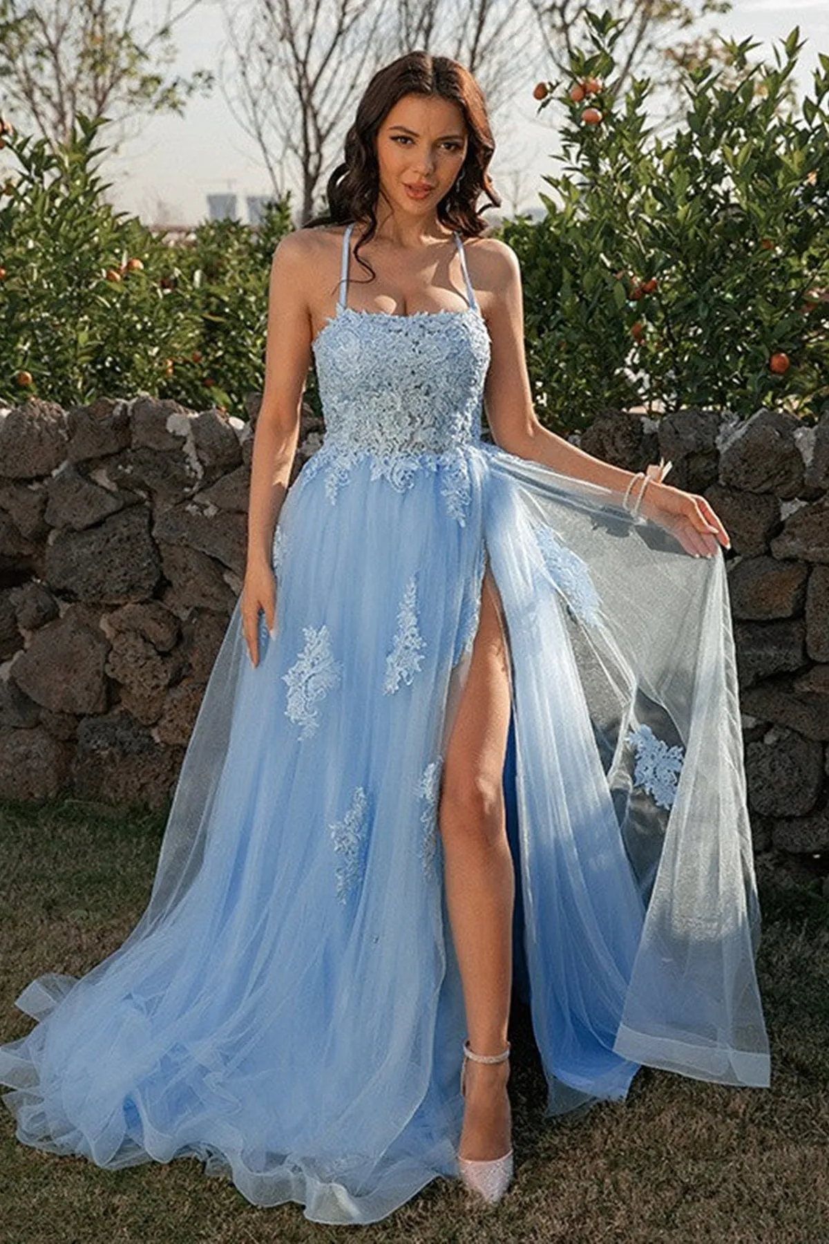 Backless Blue Lace Long Prom Dress with High Slit, Blue Lace Formal Graduation Evening Dress A1692