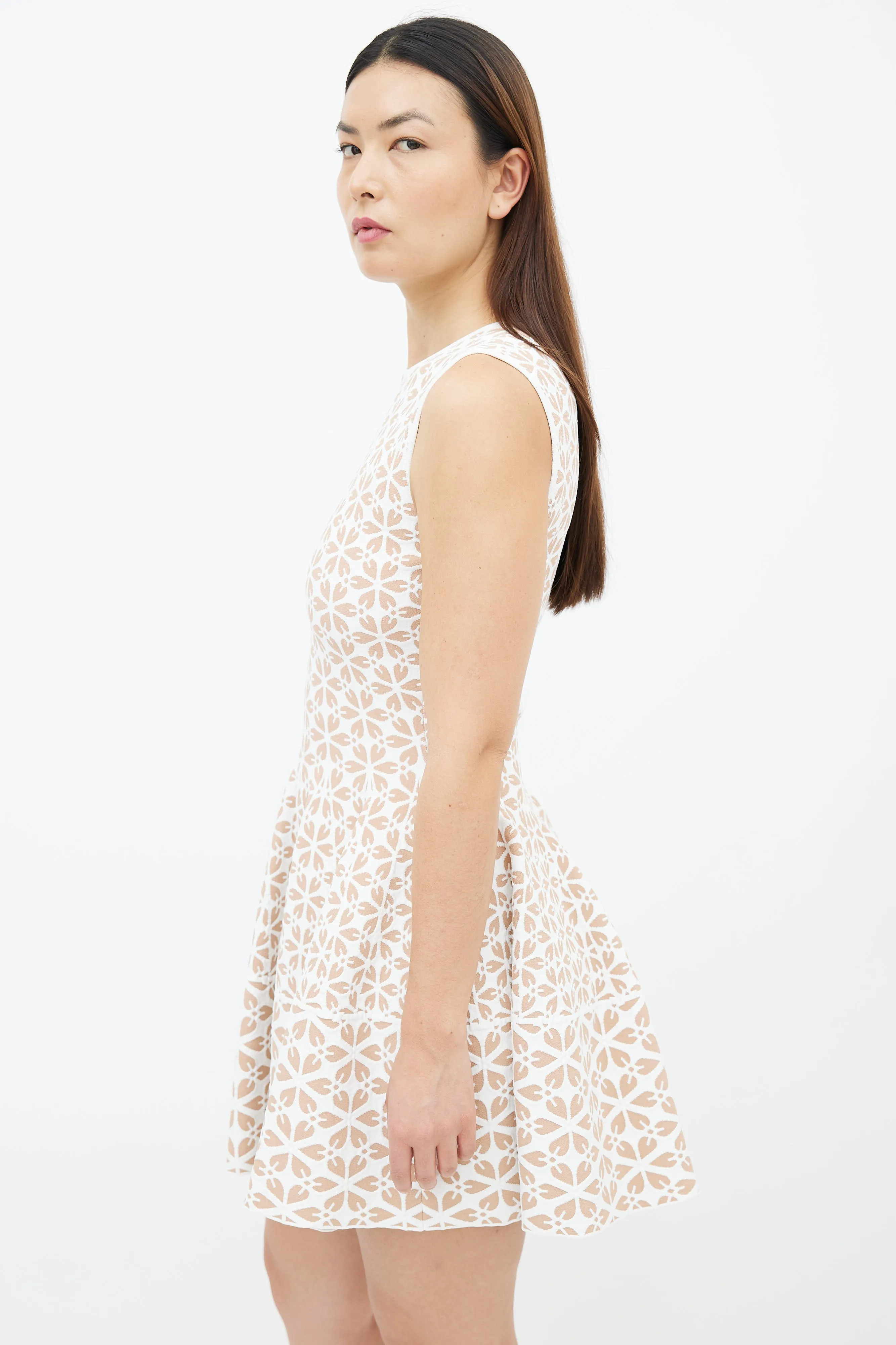 Beige & White Floral Knit Flare Dress