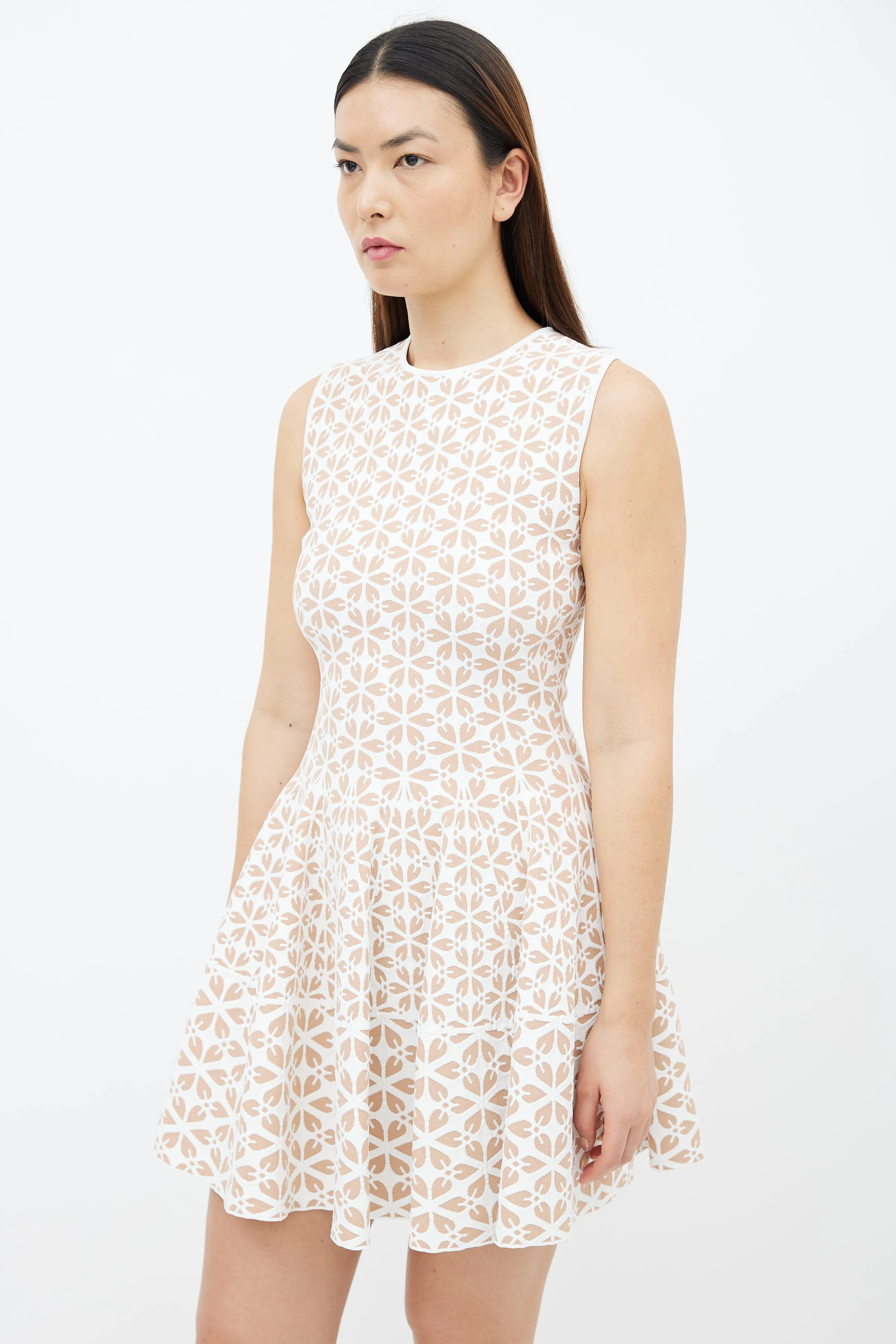 Beige & White Floral Knit Flare Dress