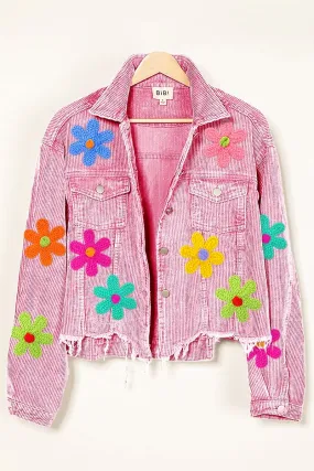 BiBi Corduroy Jacket with Multi Colored Flower Crochet Patches in Light Pink ON ORDER