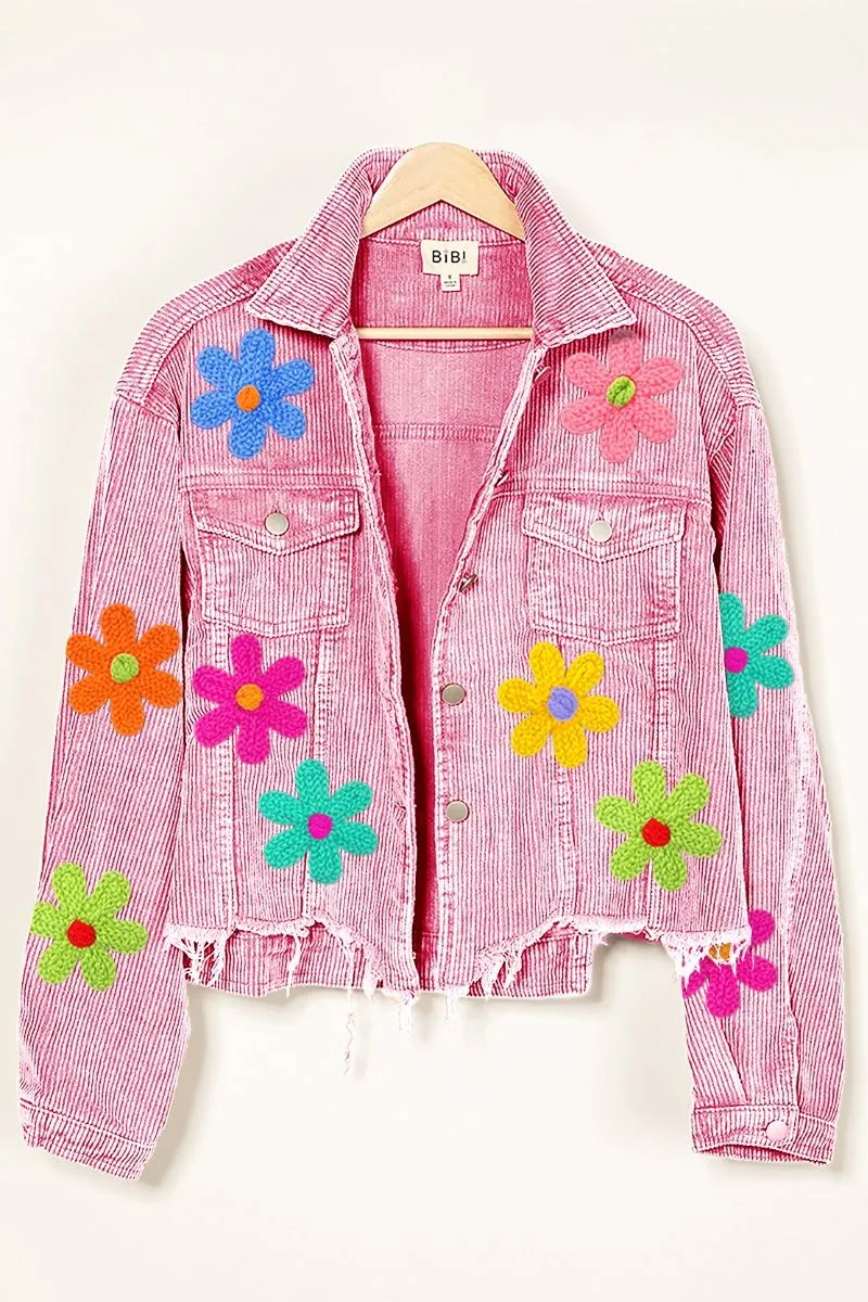 BiBi Corduroy Jacket with Multi Colored Flower Crochet Patches in Light Pink ON ORDER