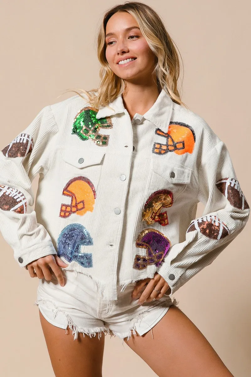BiBi Corduroy Jacket with Sequin Helmet and Football Patches in Off White