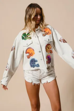 BiBi Corduroy Jacket with Sequin Helmet and Football Patches in Off White
