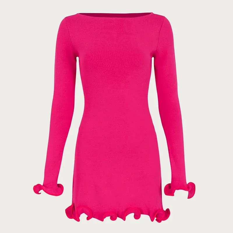 Black Friday Joskaa Autumn New Knitted Mini Dress For Women Fungus Contrast Color Slim Sweater Dress Elegant Female Party Clothes Long Sleeve