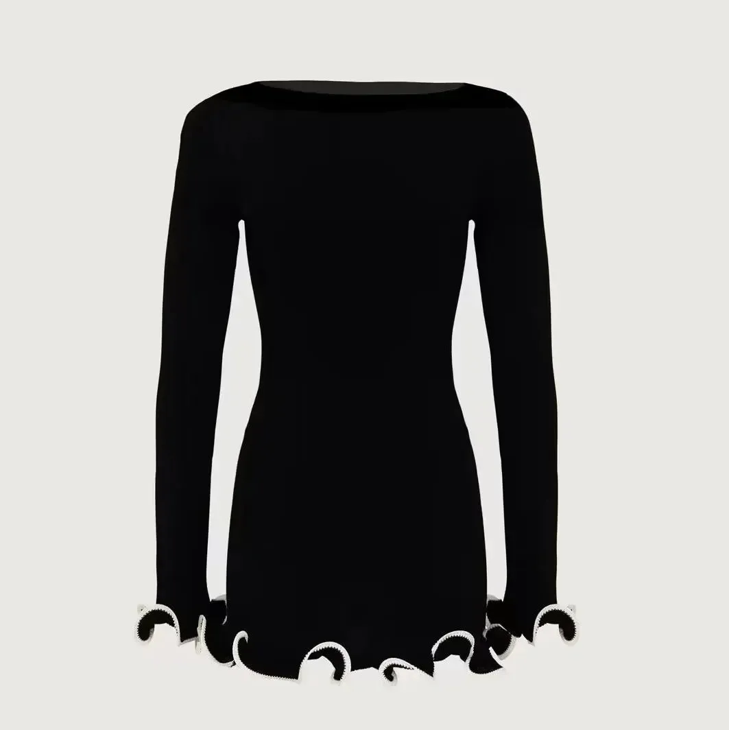 Black Friday Joskaa Autumn New Knitted Mini Dress For Women Fungus Contrast Color Slim Sweater Dress Elegant Female Party Clothes Long Sleeve