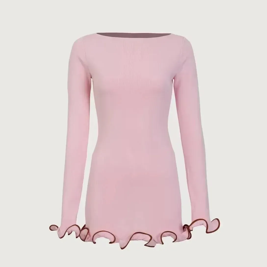 Black Friday Joskaa Autumn New Knitted Mini Dress For Women Fungus Contrast Color Slim Sweater Dress Elegant Female Party Clothes Long Sleeve