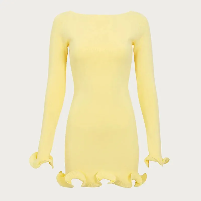 Black Friday Joskaa Autumn New Knitted Mini Dress For Women Fungus Contrast Color Slim Sweater Dress Elegant Female Party Clothes Long Sleeve