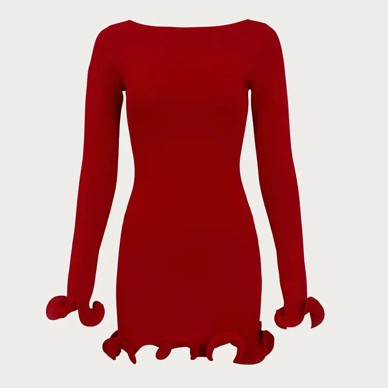 Black Friday Joskaa Autumn New Knitted Mini Dress For Women Fungus Contrast Color Slim Sweater Dress Elegant Female Party Clothes Long Sleeve