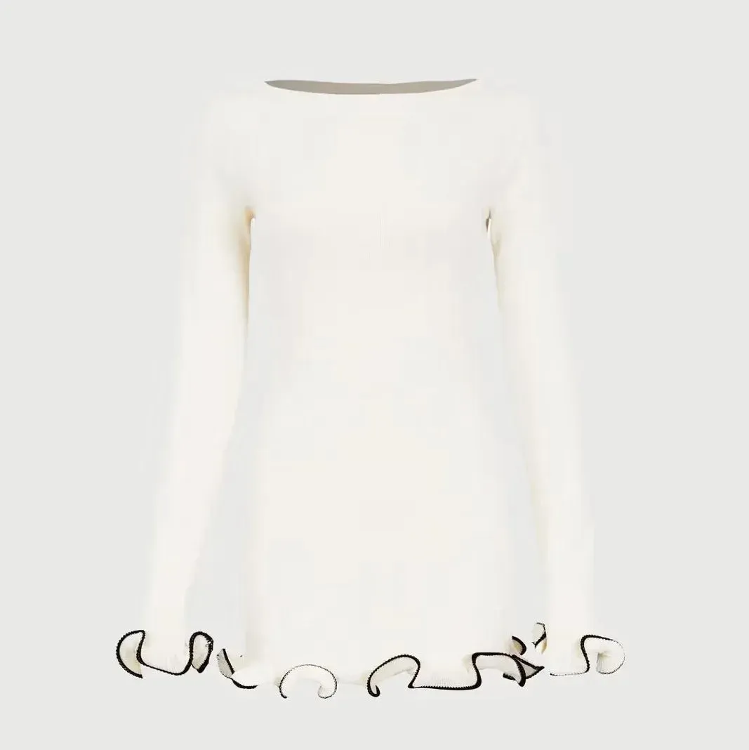 Black Friday Joskaa Autumn New Knitted Mini Dress For Women Fungus Contrast Color Slim Sweater Dress Elegant Female Party Clothes Long Sleeve