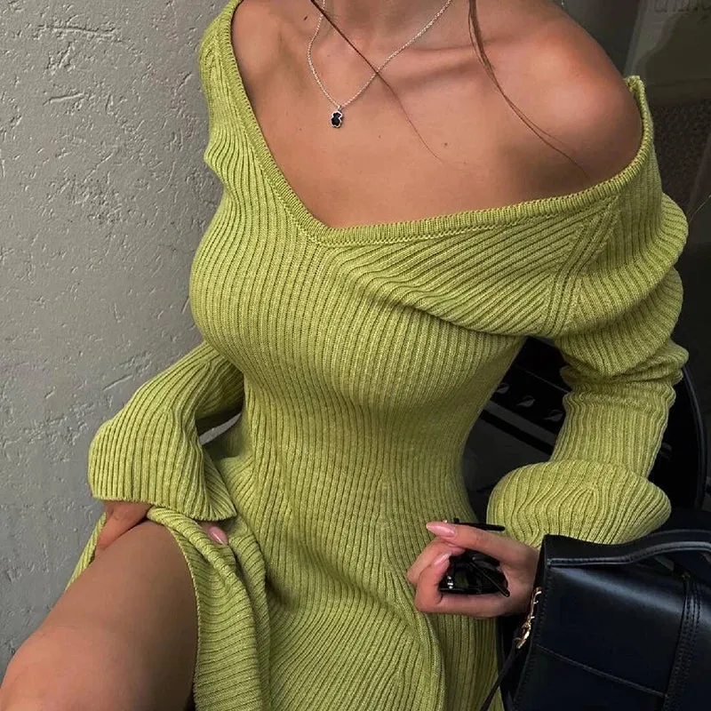 Black Friday Joskaa Autumn Winter Sweater Dress Sexy Off-Shoulder Women's A-Line Hem Elegant Rib Knit Mini Dresses Long Sleeve Higt Waisted