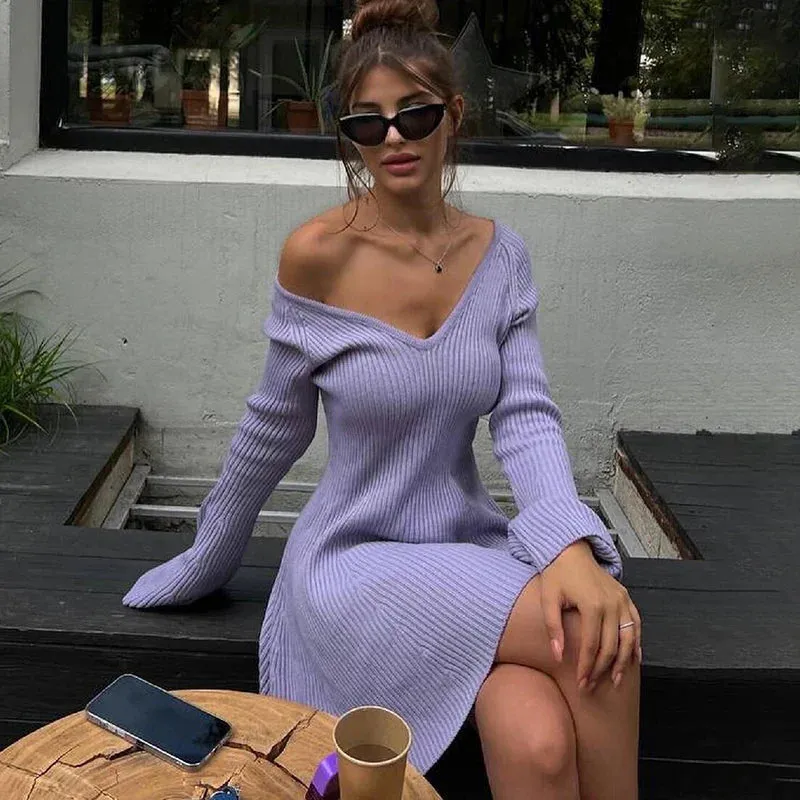 Black Friday Joskaa Autumn Winter Sweater Dress Sexy Off-Shoulder Women's A-Line Hem Elegant Rib Knit Mini Dresses Long Sleeve Higt Waisted