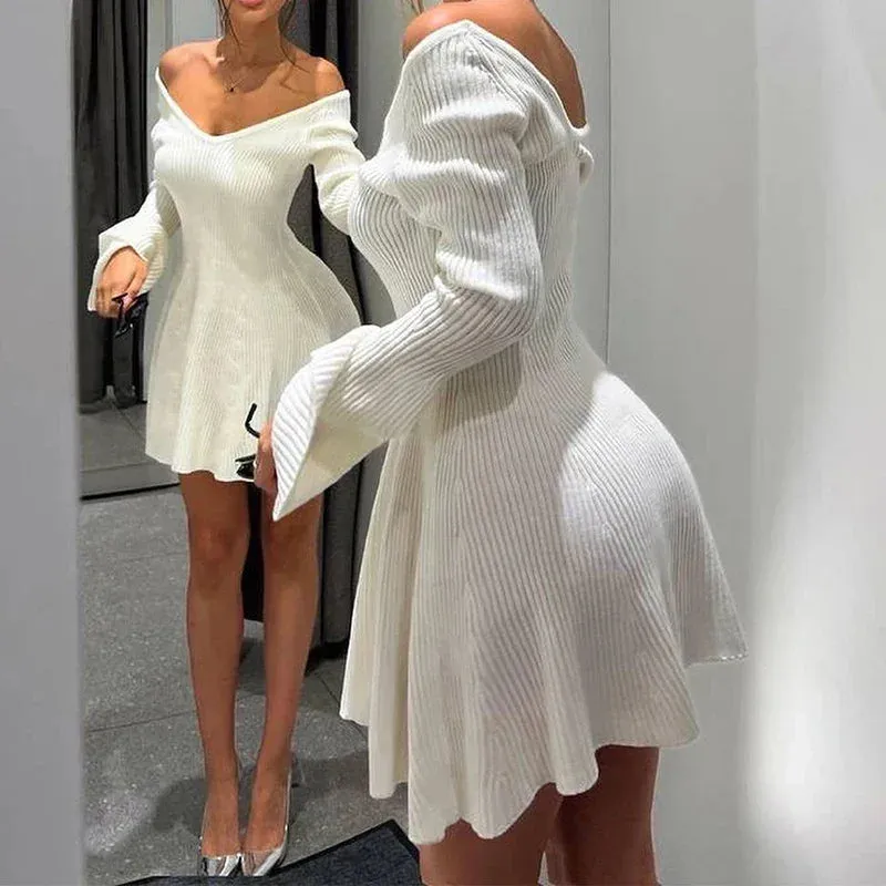 Black Friday Joskaa Autumn Winter Sweater Dress Sexy Off-Shoulder Women's A-Line Hem Elegant Rib Knit Mini Dresses Long Sleeve Higt Waisted