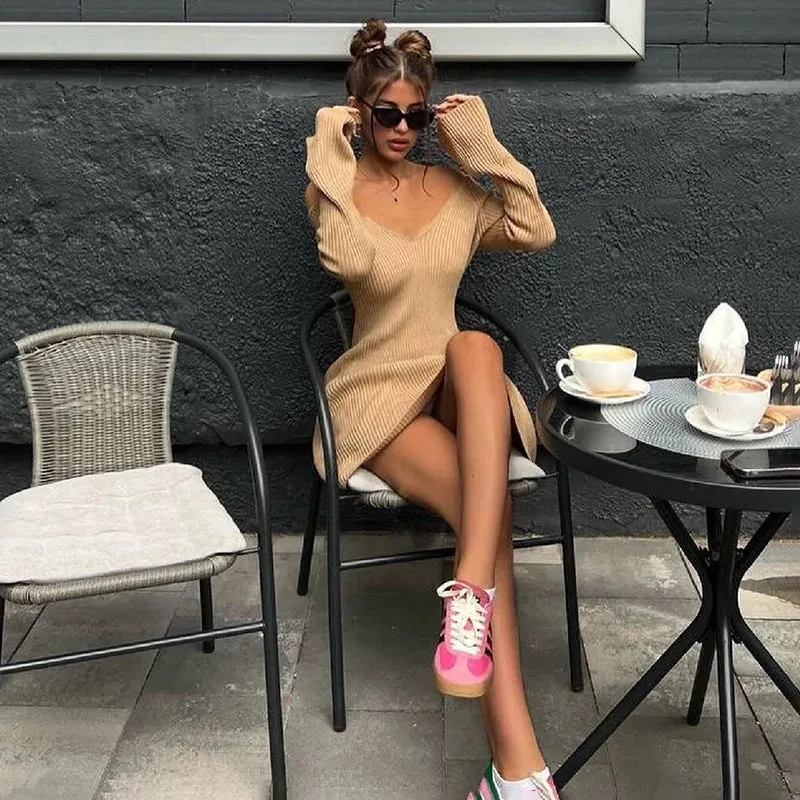Black Friday Joskaa Autumn Winter Sweater Dress Sexy Off-Shoulder Women's A-Line Hem Elegant Rib Knit Mini Dresses Long Sleeve Higt Waisted