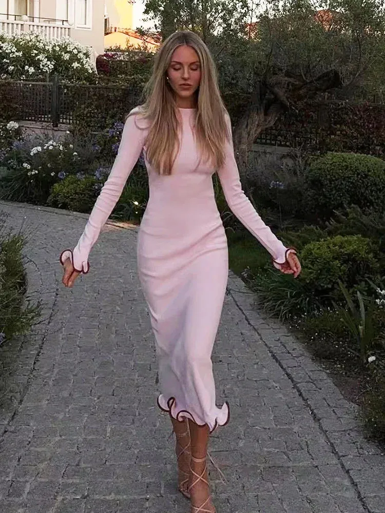 Black Friday Joskaa Backless Ruffled Knitted Long Dress For Women Contrast Color Flare Sleeve Autumn Sexy Bodycon Evening Party Sweater Dress