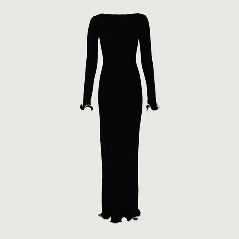 Black Friday Joskaa Backless Ruffled Knitted Long Dress For Women Contrast Color Flare Sleeve Autumn Sexy Bodycon Evening Party Sweater Dress