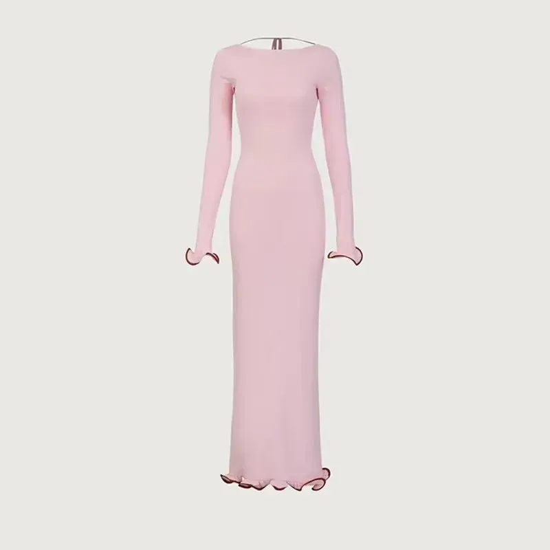 Black Friday Joskaa Backless Ruffled Knitted Long Dress For Women Contrast Color Flare Sleeve Autumn Sexy Bodycon Evening Party Sweater Dress