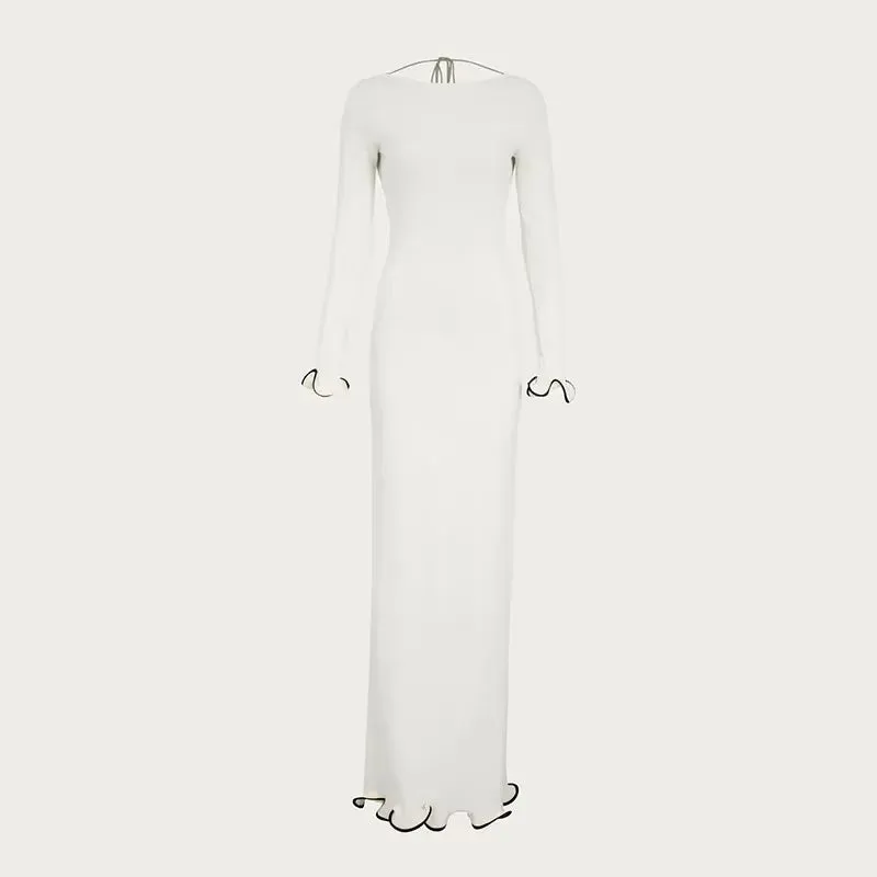 Black Friday Joskaa Backless Ruffled Knitted Long Dress For Women Contrast Color Flare Sleeve Autumn Sexy Bodycon Evening Party Sweater Dress