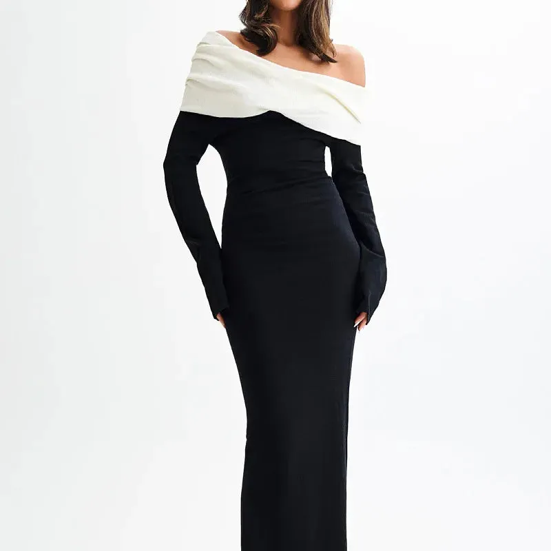 Black Friday Joskaa Contrast Color Knitted Long Dress For Women One-Shoulder Elegant Slim Party Sweater Dresses Female High Waist New Autumn