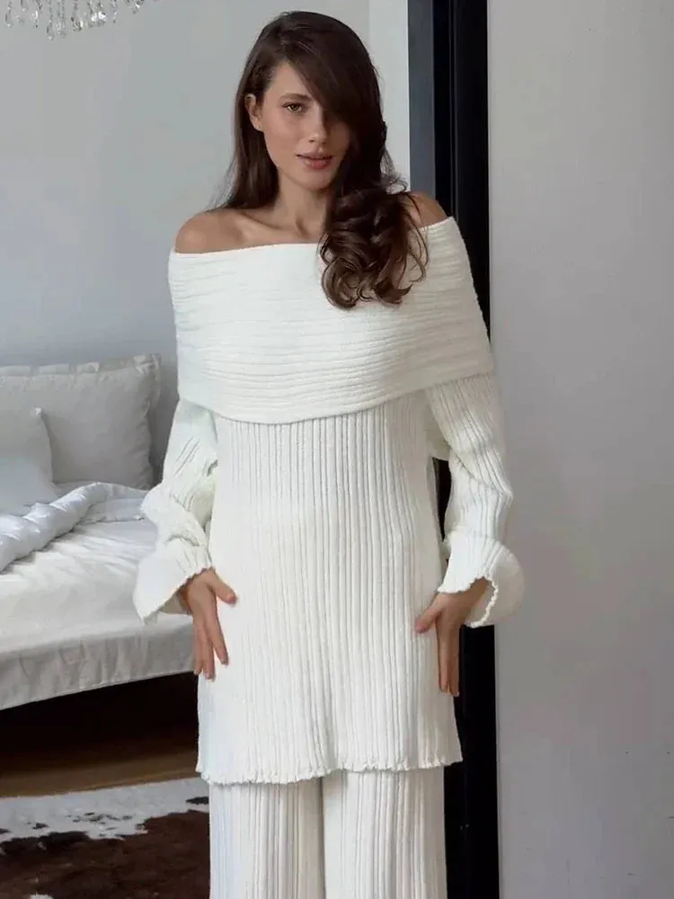 Black Friday Joskaa Elegant One-Shoulder Knitted Dress For Women Loose Sexy Rib knit Sweater Autumn Winter Midi Dresses Female Long Sleeve