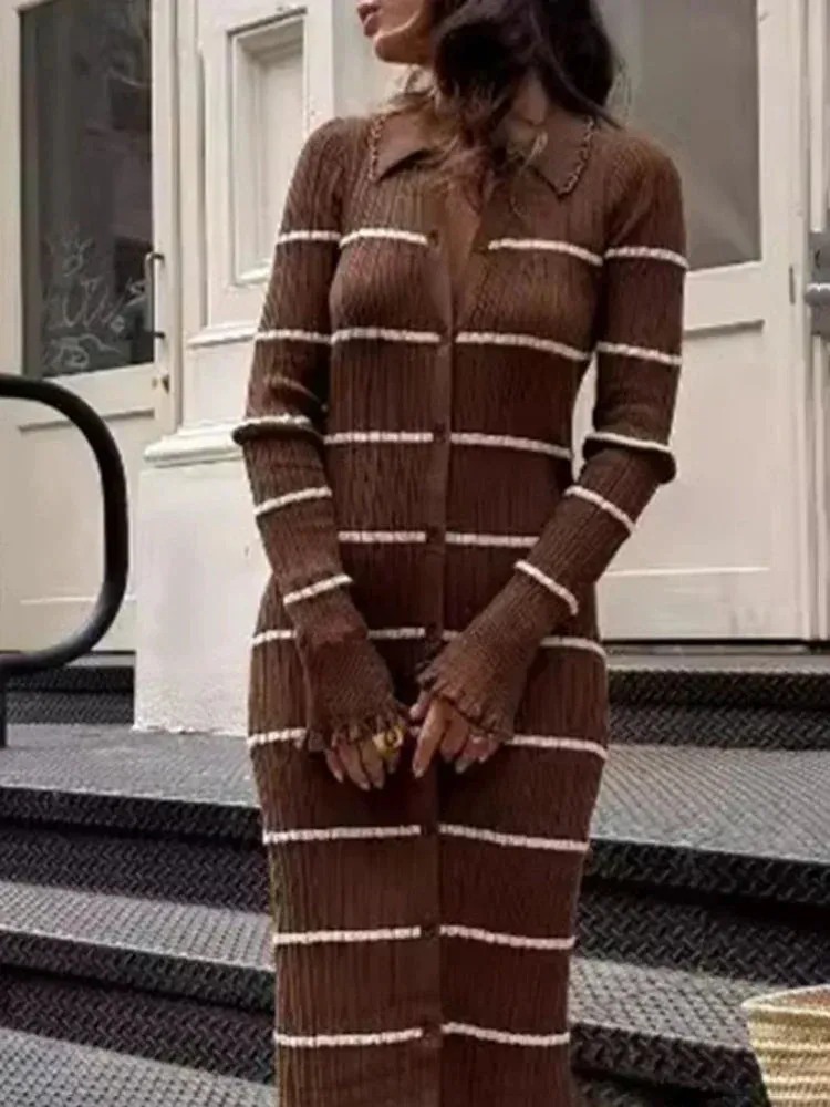 Black Friday Joskaa Elegant Slim Striped Knit Long Dress Women's Lapel Retro Block Color Long Sleeve Button Sweater Dress Club Party Dress