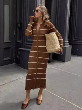 Black Friday Joskaa Elegant Slim Striped Knit Long Dress Women's Lapel Retro Block Color Long Sleeve Button Sweater Dress Club Party Dress