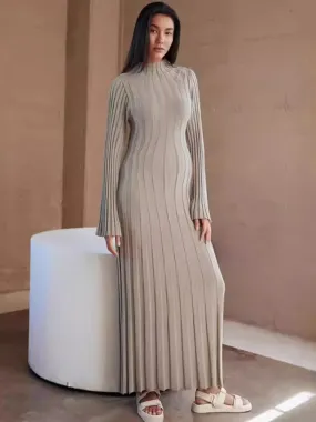 Black Friday Joskaa Fall Winter New Knitted Dress Female Casual Big Striped High Collar Sweater Long Dress Elegant Flare Sleeve Party Dresses