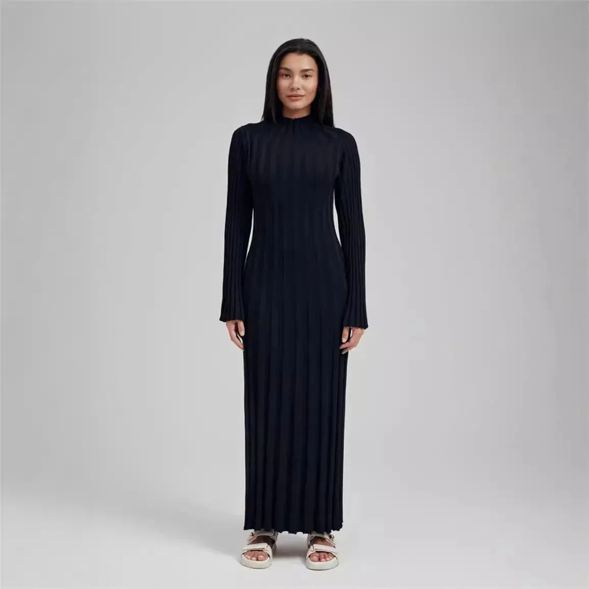 Black Friday Joskaa Fall Winter New Knitted Dress Female Casual Big Striped High Collar Sweater Long Dress Elegant Flare Sleeve Party Dresses