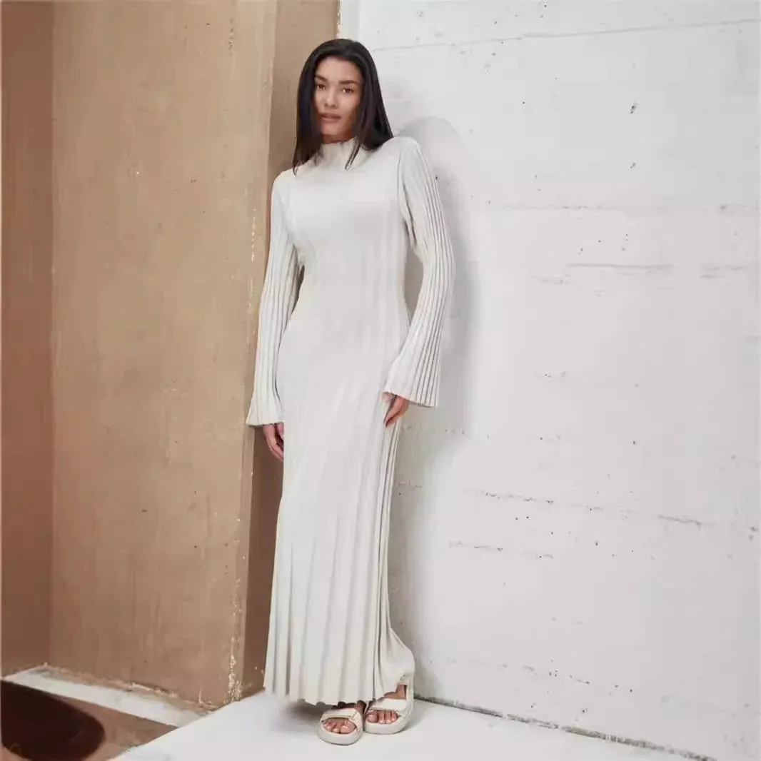 Black Friday Joskaa Fall Winter New Knitted Dress Female Casual Big Striped High Collar Sweater Long Dress Elegant Flare Sleeve Party Dresses