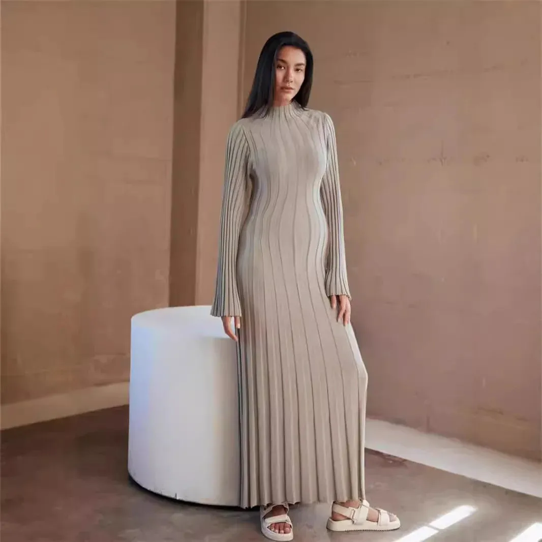 Black Friday Joskaa Fall Winter New Knitted Dress Female Casual Big Striped High Collar Sweater Long Dress Elegant Flare Sleeve Party Dresses