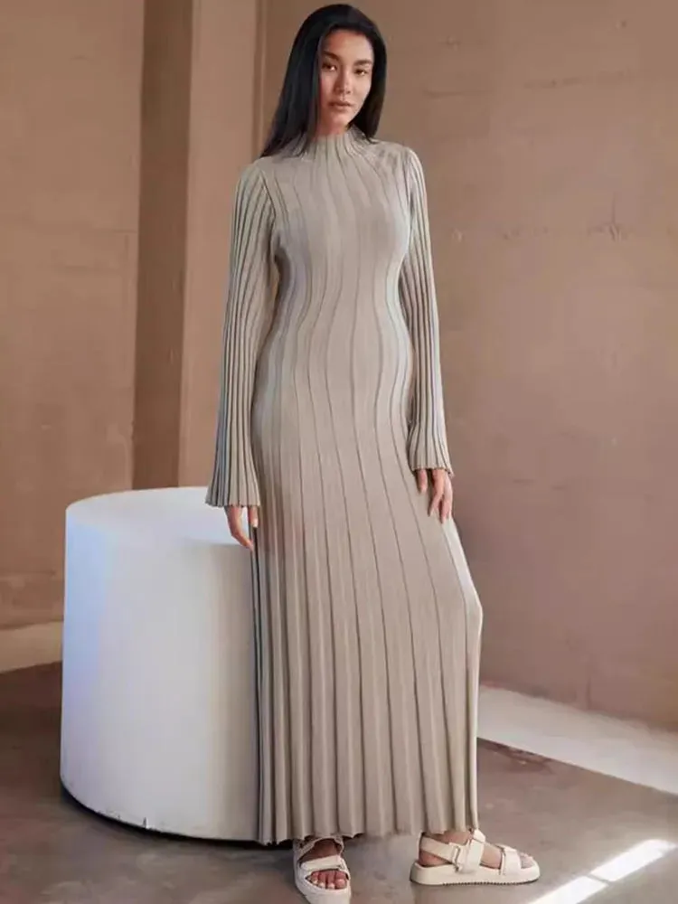 Black Friday Joskaa Fall Winter New Knitted Dress Female Casual Big Striped High Collar Sweater Long Dress Elegant Flare Sleeve Party Dresses