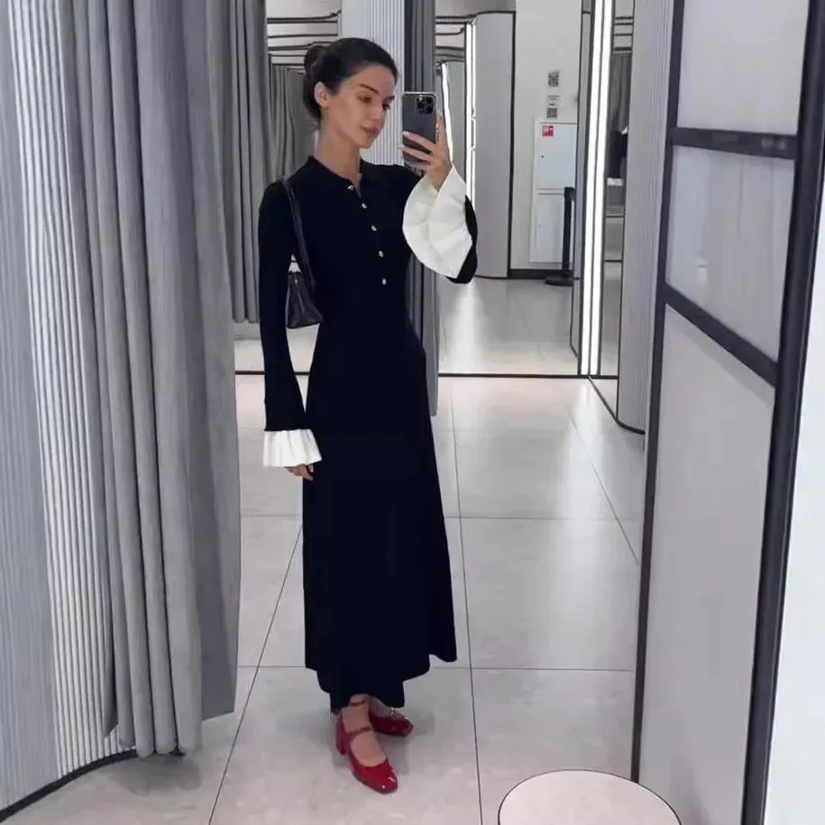 Black Friday Joskaa Flare Sleeve Splice Knitted Long Dress For Women Casual High Waist Button Lapel Sweater Dress Elegant Autumn Party Dress
