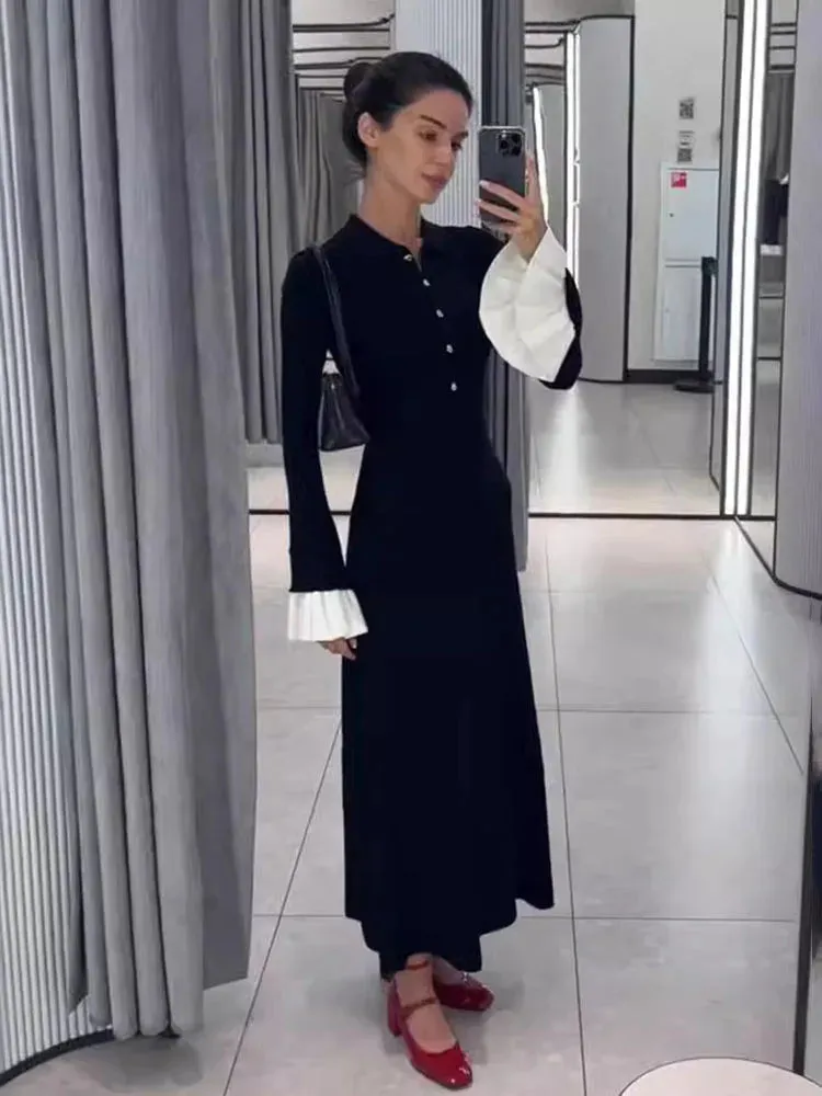 Black Friday Joskaa Flare Sleeve Splice Knitted Long Dress For Women Casual High Waist Button Lapel Sweater Dress Elegant Autumn Party Dress