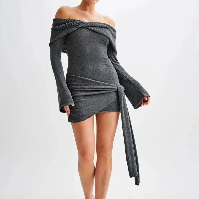 Black Friday Joskaa Irregular Lace-Up Knit Mini Dress Female Off-Shoulder Slim Splice Twist Ribbed Sweater Dress Women's Elegant Party Dress