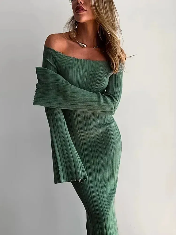 Black Friday Joskaa Knit Long Sleeve Slim Dress For Women Elegant One-Shoulder Sexy Long Gown Dresses Solid Rib Sweater Dress Autumn Winter