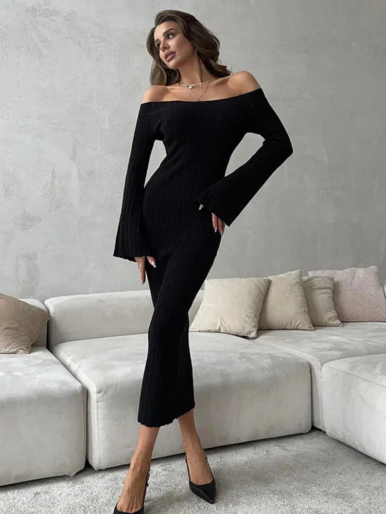 Black Friday Joskaa Knit Long Sleeve Slim Dress For Women Elegant One-Shoulder Sexy Long Gown Dresses Solid Rib Sweater Dress Autumn Winter