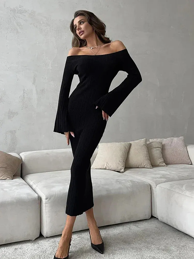 Black Friday Joskaa Knit Long Sleeve Slim Dress For Women Elegant One-Shoulder Sexy Long Gown Dresses Solid Rib Sweater Dress Autumn Winter